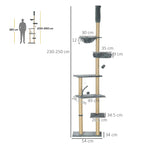 Grey floor-to-ceiling cat tree tower height and measurements diagram with stacked levels