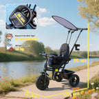 Dark blue kids 6-in-1 tricycle with canopy and safety harness, shown on road