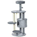 Dark grey plush cat tree tower with three round platforms, jute posts, and hideaway condo.