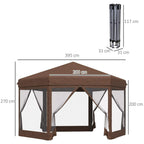 Brown hexagonal pop-up gazebo with netted curtains and peaked canopy roof