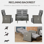 Grey outdoor rattan sofa set with recline backrests and padded cushions