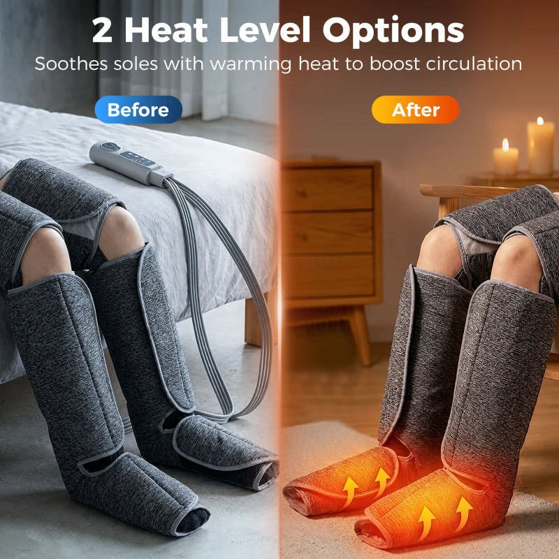 Grey leg and foot massager with warming heat sleeves and compression bands