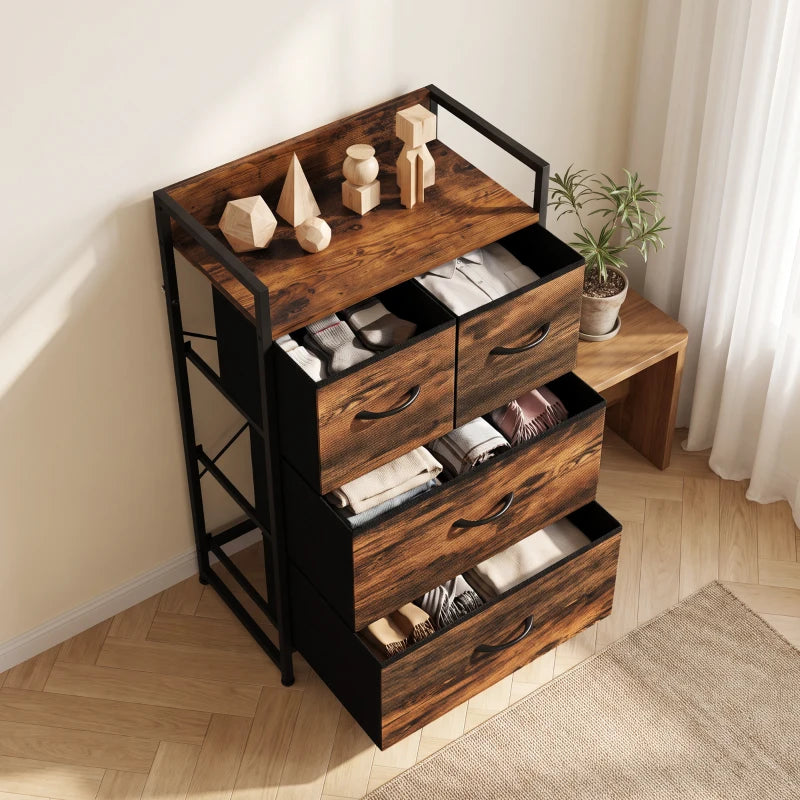 Rustic brown chest with black frame; four drawers and top storage with removable divider