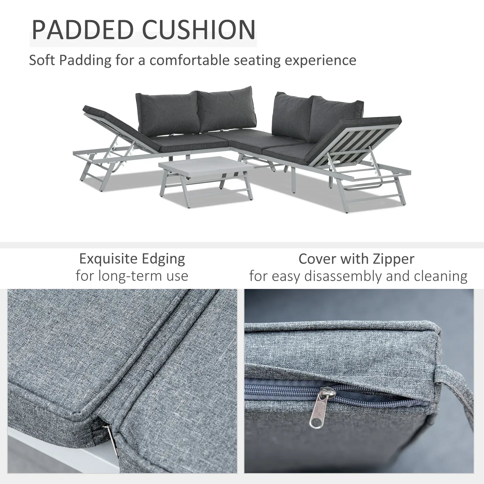 3 Pieces Garden Furniture Sets, 6 Seater Corner Sofa Set with Adjustable Backrest Chase Lounge with Slatted Metal Top Table, Padded Cushion, Grey - Bobobiy