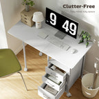 White foldable office desk with keyboard-ready extendable top and 3 drawer storage