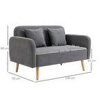 Grey loveseat sofa with two back cushions; labeled size 130 cm wide