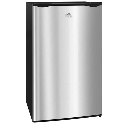 Silver under-counter mini refrigerator with front door and black top trim