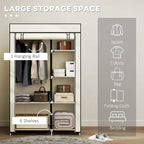 Cream fabric wardrobe with hanging rail and six shelves for hanging and folded storage