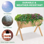 Raised wooden planter stand with open tray and angled legs over cross-braced base.