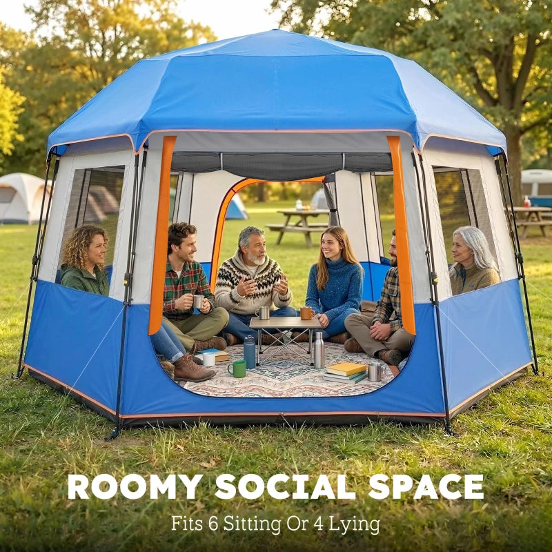 Blue cabin tent with open front and orange-framed windows, people seated inside