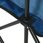 Close-up of blue chair fabric seat and black metal leg with textured ground pad