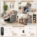 Light grey power recliner armchair with remote showing adjustable and memory positions