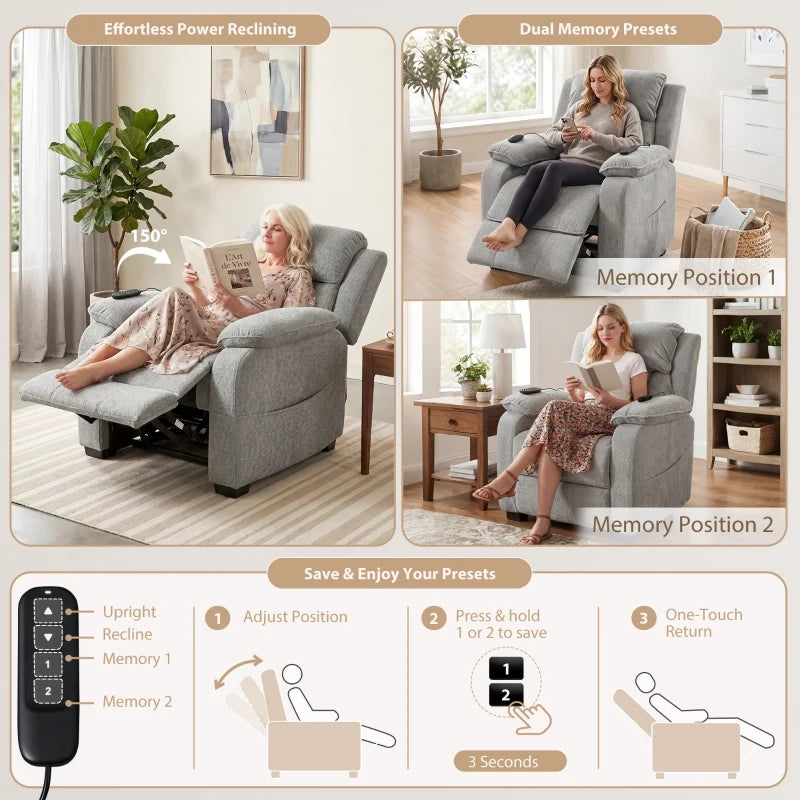 Light grey power recliner armchair with remote showing adjustable and memory positions