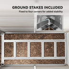 Grey metal garden shed base with ground stakes for corner stability