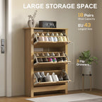 Natural wood shoe cabinet with flip drawers and adjustable open shelves for multiple shoes