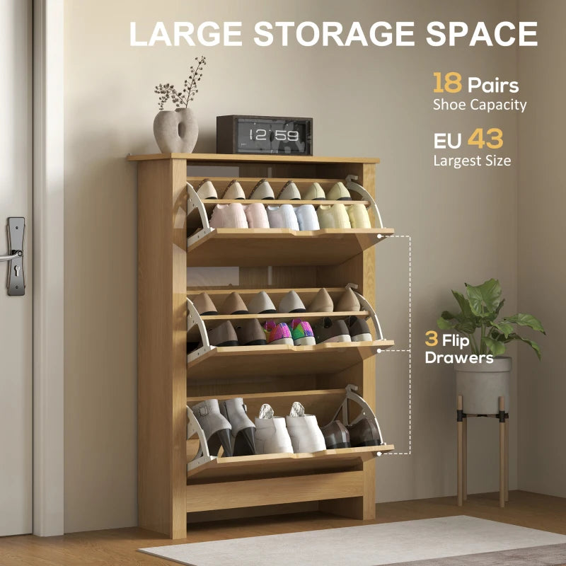 Natural wood shoe cabinet with flip drawers and adjustable open shelves for multiple shoes