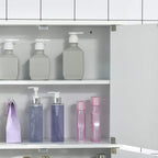 Interior view of white mirror cabinet with shelves and bottles, with lower door vent panel