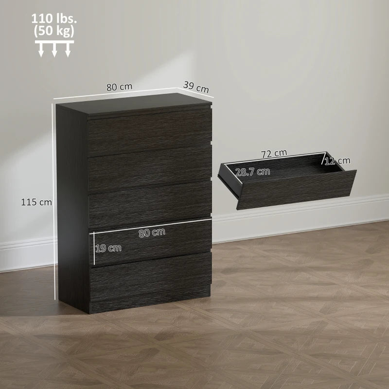 Black 5-drawer dresser with one drawer slightly open and front pull handles.