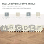 Grey EVA alphabet foam play mat segments connected, showing letters A to F
