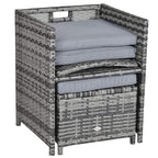 Grey woven rattan armchair with three stacked seat and back cushions