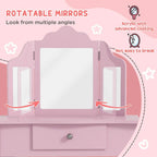 Pink vanity table with large tri-fold acrylic mirror panels on both sides
