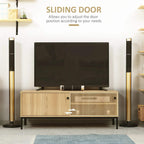 Wood-effect TV stand with clear sliding door panel and open shelving compartments.