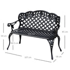 Black cast aluminum garden bench with scrolling arms and lattice back, side view