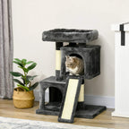 Black cat tree with enclosed cubby and tall sisal scratching post, featuring a resting perch