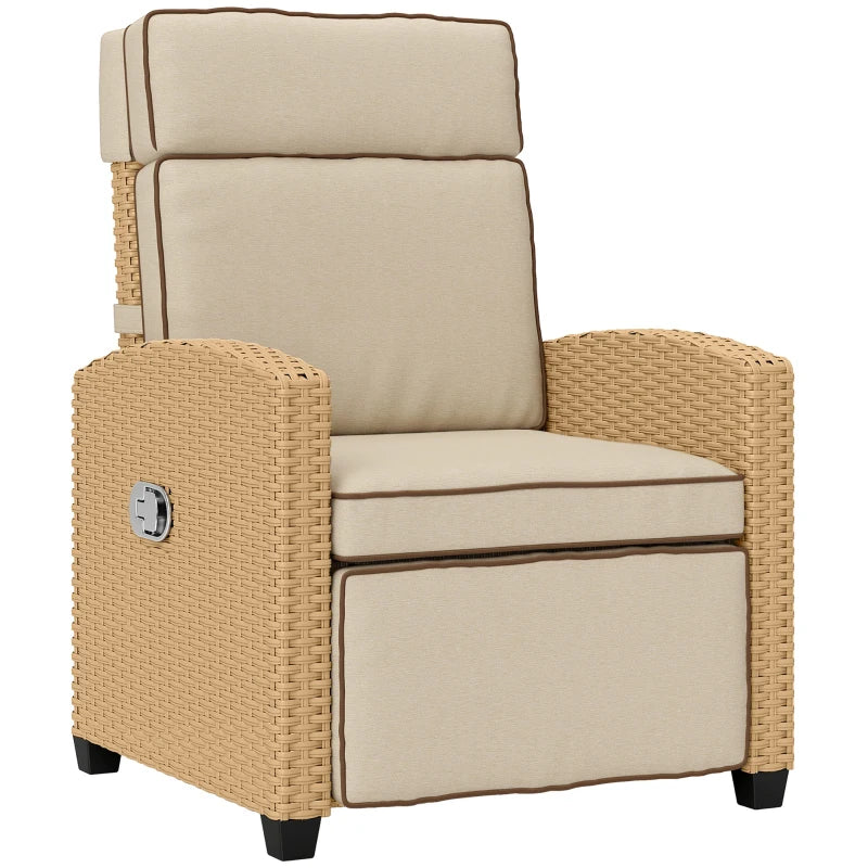 Khaki rattan reclining armchair with beige cushions and integrated footrest