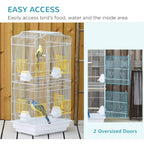 Large white metal bird cage with wide side doors for easy access and cleaning