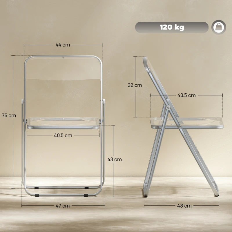 Clear folding chair with transparent seat and backrest, steel frame with dimensions