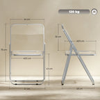 Clear folding chair with transparent seat and backrest, steel frame with dimensions