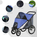 Blue pet stroller features: safety leash, handle, mesh window, storage bags, and cushion