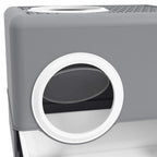 Grey enclosed cat litter box with large circular front entry opening and white base