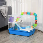 Three-tier hamster cage in blue with white wire, colorful tubes, exercise wheel, and platforms