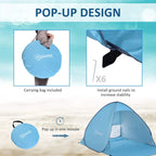 Blue pop-up beach tent with carrying bag and pop-up setup design