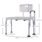 White adjustable shower bench with backrest and armrests, dimensioned design view