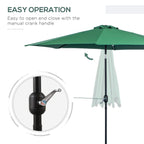 Green outdoor umbrella with manual crank handle for opening and closing