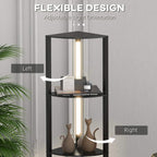 Black adjustable floor lamp with left-right light orientation and three glowing shelves