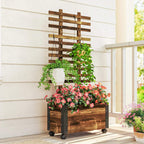 Carbonised wooden raised planter box with lattice trellis and caster wheels