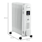 White oil-filled radiator heater with digital control panel and four caster wheels