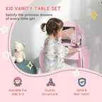 Pink kids vanity table with open tri-fold mirror and built-in drawer