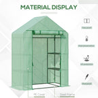 Green PE cover greenhouse with steel frame, roll-up zippered door, two-tier shelves
