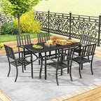 Black outdoor dining set with rectangular table and six slatted-back chairs