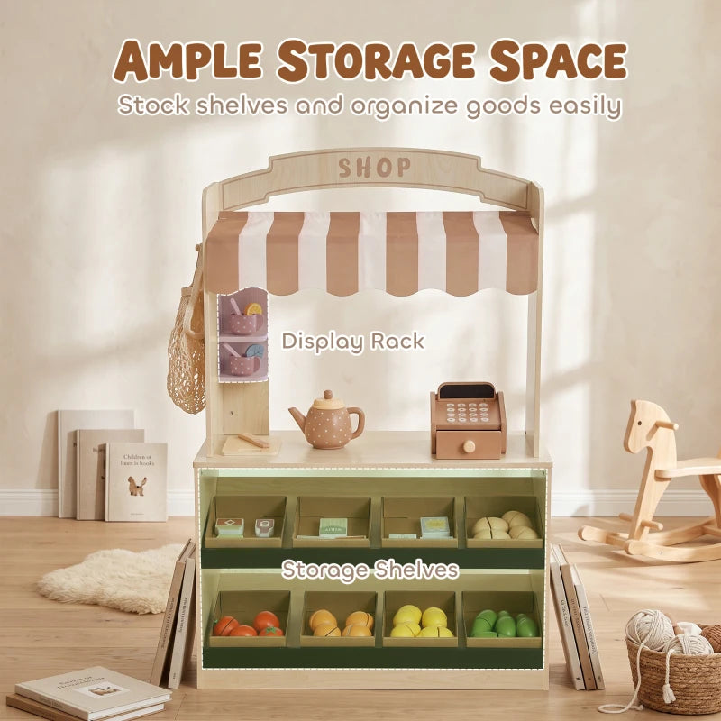 Wooden kids play shop with display rack, striped canopy, and storage shelves for toy food