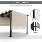 Beige sliding canopy pergola with drawstring and hook control, side detail