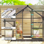 Grey polycarbonate greenhouse with sliding door, roof vent, corner support bars