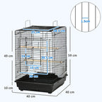 Black wire birdcage with shown measurements, openable top and bottom tray