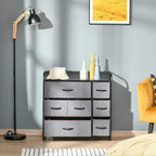 Grey fabric 3-tier drawer dresser with black metal legs and curved metal bar handles