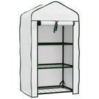 White three-tier mini greenhouse with mesh cover and three wire shelves, front view